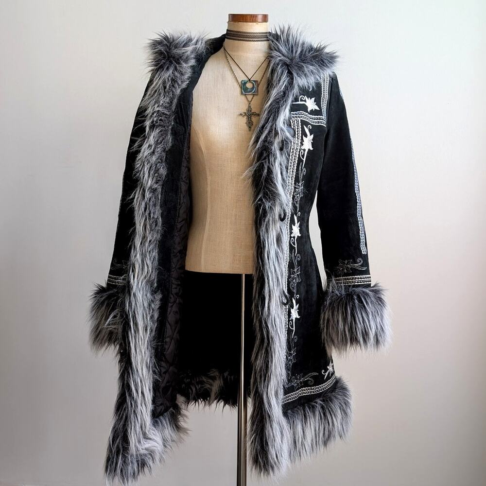 Vintage Black Suede Coat Penny Lane Groovy Faux Fur Jacket Afghan Trench Medium - Picture 4 of 13